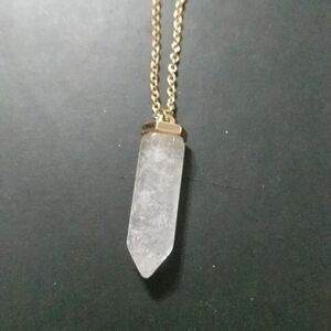 Gold Tone Clear Quartz Gemstone Point Pendant Statement Necklace